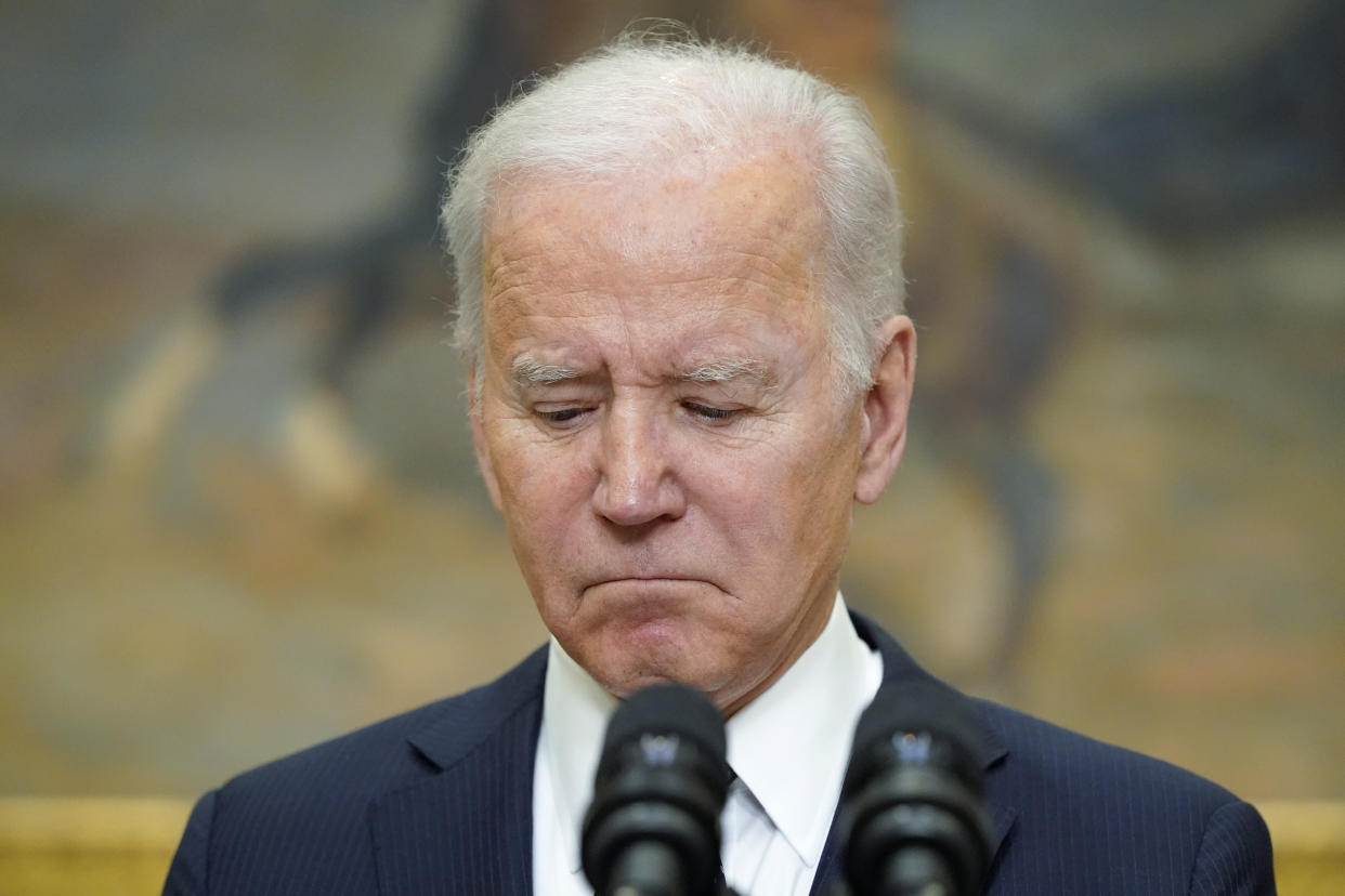 President Joe Biden pauses as he speaks about Ukraine in the Roosevelt Room of the White House, Friday, Feb. 18, 2022, in Washington. (AP Photo/Alex Brandon)