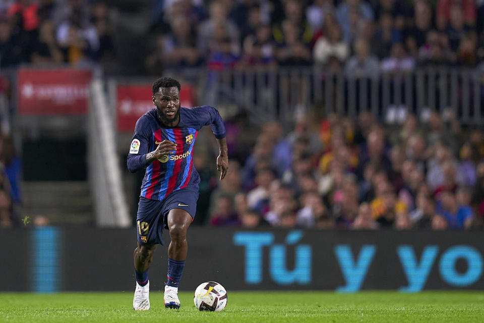 BARCELONA, SPAIN - OCTOBER 23: Franck Kessie of FC Barcelona with the ball during the LaLiga Santander match between FC Barcelona and Athletic Club at Spotify Camp Nou on October 23, 2022 in Barcelona, Spain. (Photo by Pedro Salado/Quality Sport Images/Getty Images)