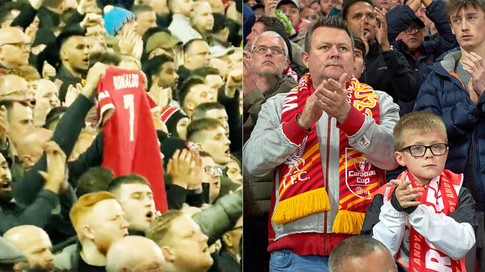 The Anfield crowd showed its support for Cristiano Ronaldo after the Manchester United superstar's family tragedy. Pic: Optus Sport/Getty