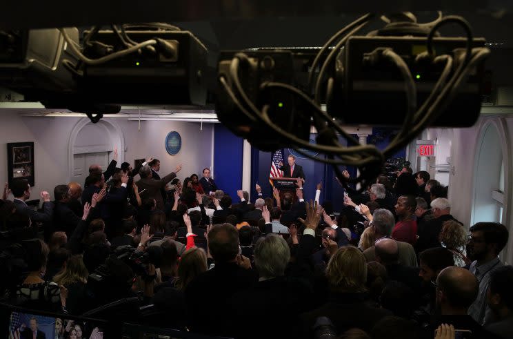 White House press secretary Sean Spicer takes questions during the daily press briefing at the James Brady Press Briefing Room of the White House. (Photo: Alex Wong/Getty Images)