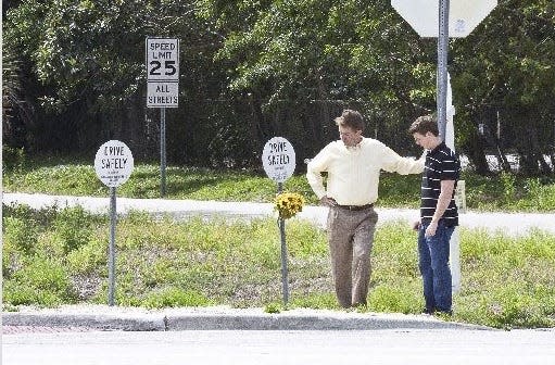 Tim Stone, left, and Stephen Bromstrup on got together in March 2010 for the first time at Linden Street and Kanner Highway in Stuart, where Stone's daughter, Sarah, was killed June 17, 2002. Bromstrup was the driver of a car that struck one carrying Sarah Stone.