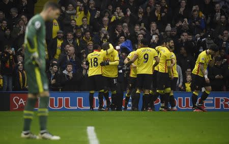 Football Soccer Britain - Watford v Everton - Premier League - Vicarage Road - 10/12/16 Watford's Stefano Okaka celebrates scoring their third goal Reuters / Toby Melville Livepic EDITORIAL USE ONLY. No use with unauthorized audio, video, data, fixture lists, club/league logos or "live" services. Online in-match use limited to 45 images, no video emulation. No use in betting, games or single club/league/player publications. Please contact your account representative for further details.