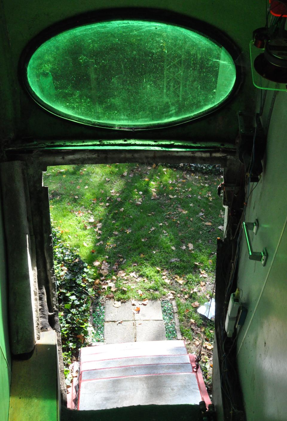 The retractable steps leading out of the Futuro house near Houston, Delaware.