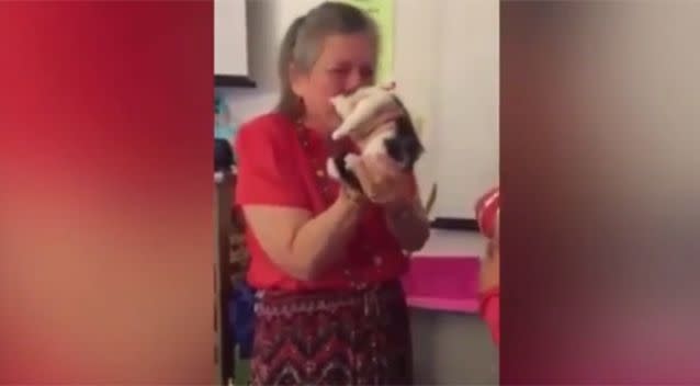 Mrs Andrews burst into tears as she held her new pets. Photo: Twitter/RachelHanhart