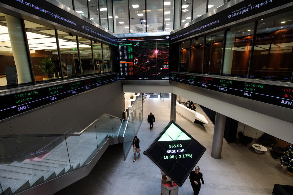 LONDON, ENGLAND - DECEMBER 27: Share price information is displayed on screens at the London Stock Exchange offices after reopening following the Christmas holiday on December 27, 2018 in London, England. The FTSE 100 hit a fresh two-year low today despite stock markets around the world recording significant gains by the end of Wednesday.  (Photo by Jack Taylor/Getty Images)