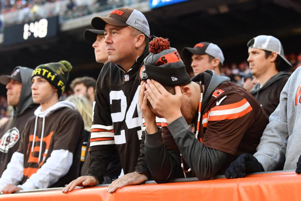 A Cleveland Browns fan reacts to the action late in the game against the Pittsburgh Steelers at FirstEnergy Stadium on October 31, 2021.