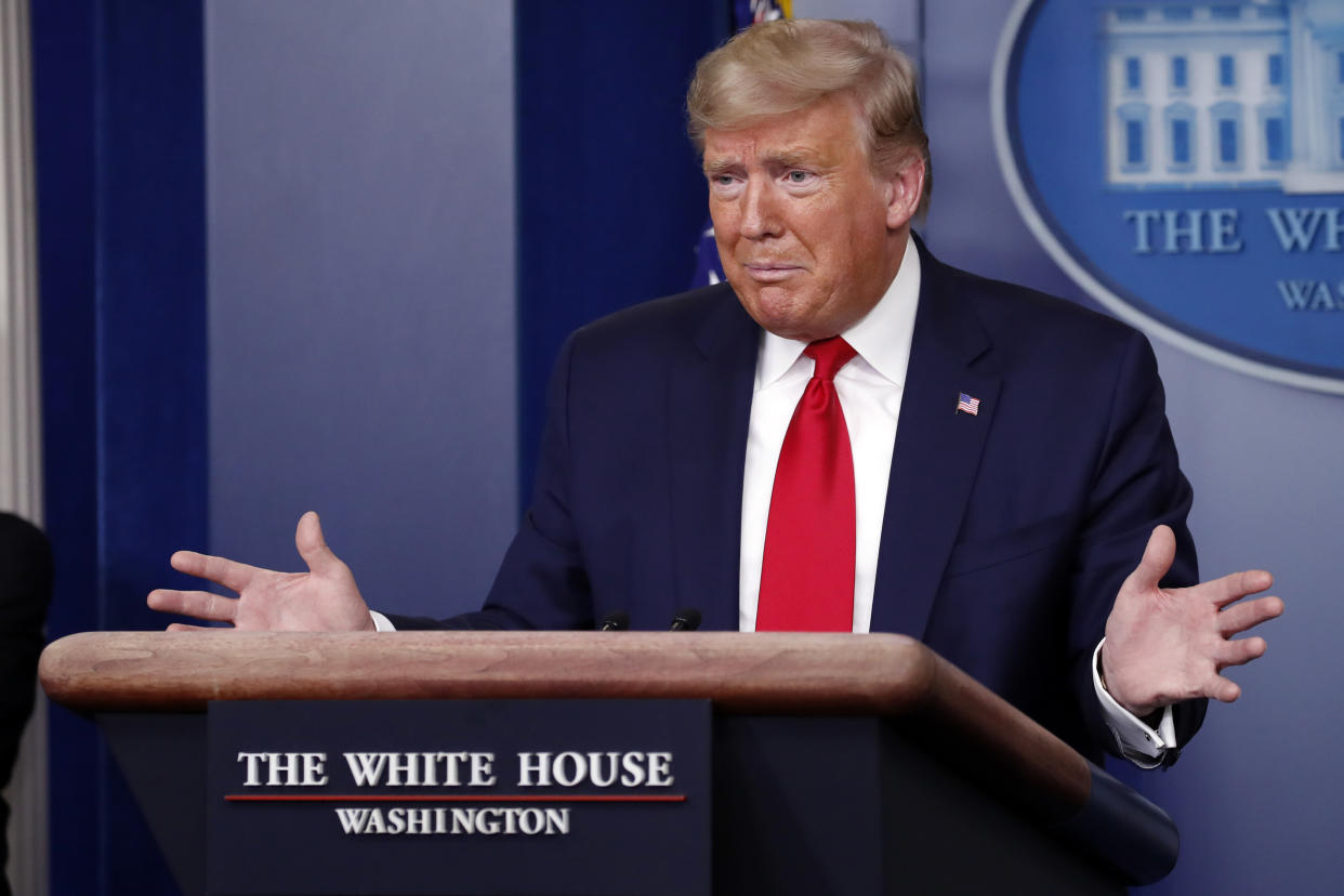 President Donald Trump speaks about the coronavirus in the James Brady Briefing Room, Thursday, March 26, 2020, in Washington. (AP Photo/Alex Brandon)