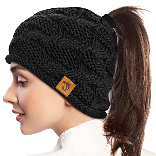 URECOVER Women Ponytail Hat Beanie with Hole: 2in1 Christmas Stocking Stuffers Gifts for Women Winter Knit Cap Teen Girl Black