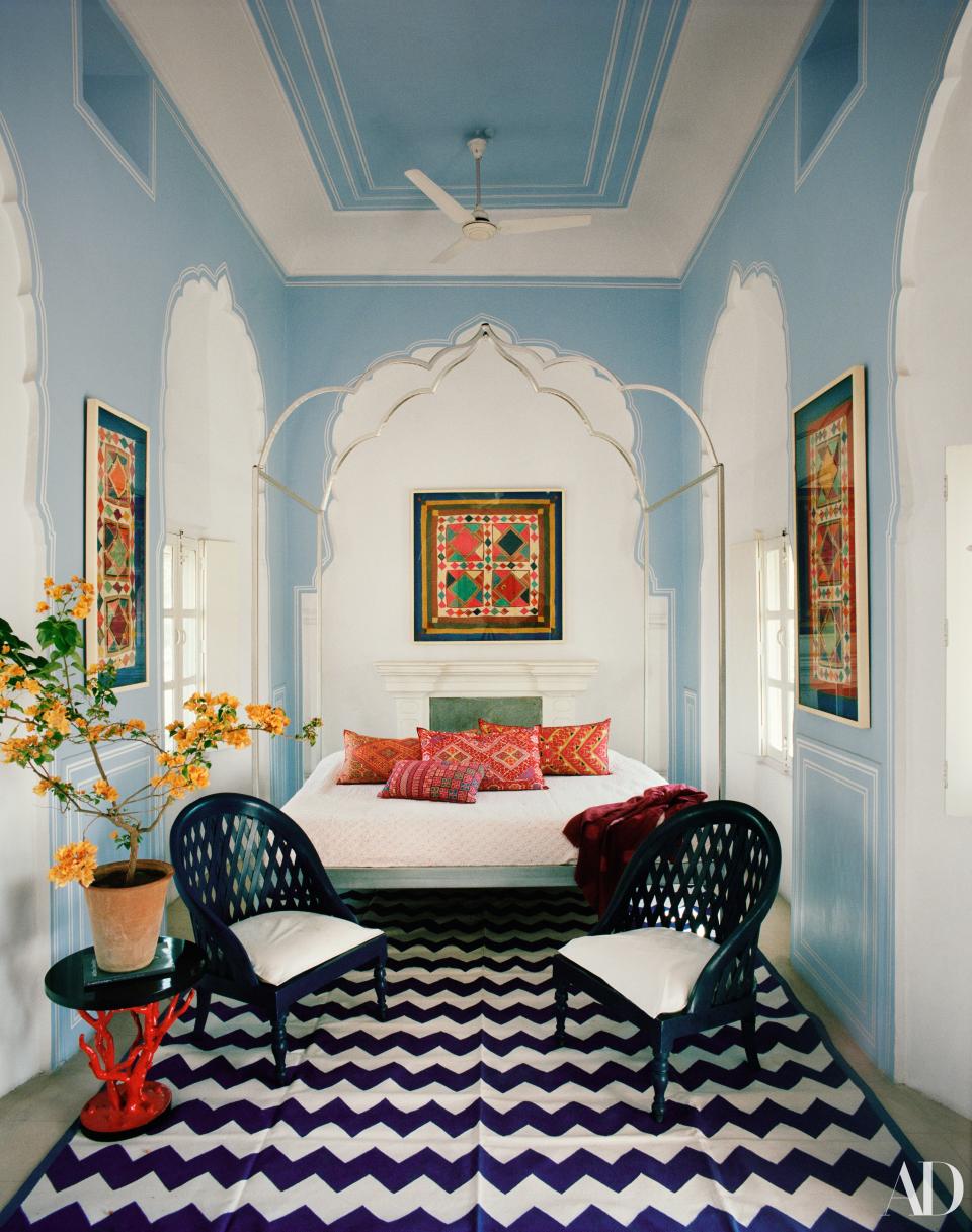 Candy-box colors transform expat jewelry designer Marie-Hélène de Taillac’s Jaipur home into a chromatic wonderland