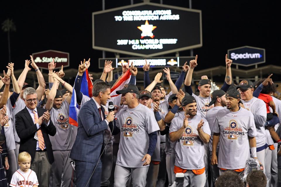 Members of the Houston Astros celebrate after defeating the Los Angeles Dodgers in Game 7 of the 2017 World Series at Dodger Stadium on Wednesday, November 1, 2017 in Los Angeles, California.
