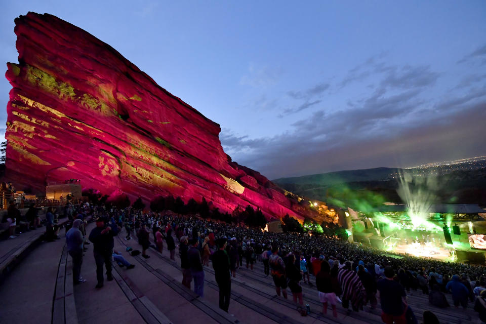 Jake Cinninger, Kris Myers, Ryan Stasik, Andy Farag, Brendan Bayliss and Joel Cummins of Umphreys McGee perform at Red Rocks Amphitheater.