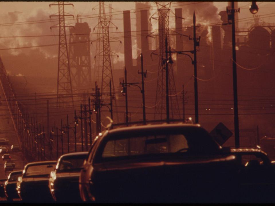 Clark Avenue and Clark Avenue Bridge. Looking East from West 13th Street, Are Obscured by Smoke from Heavy Industry, 07/1973.