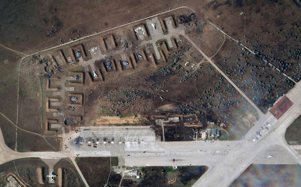 Satellite imagery shows the destroyed Russian aircraft at Saky air base after an explosion on Tuesday - Planet Labs PBC 