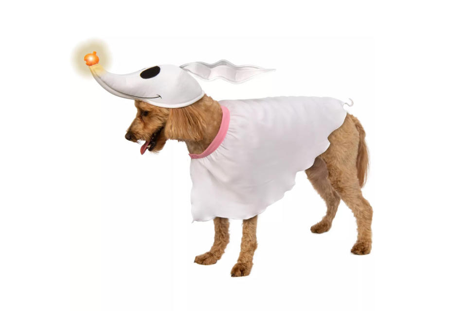 <p>Let your dog lead the way on Halloween night with this light-up <em>The Nightmare Before Christmas</em> costume. </p> <p><strong>Buy it!</strong> Disney Nightmare Before Xmas Zero Dog Costume, $15.99; <a href="https://goto.target.com/c/249354/81938/2092?subId1=PEO25HalloweenCostumesforDogsthatWillHaveTrickorTreatersHowlingwithJoykbender1271PetGal12909733202109I&u=https%3A%2F%2Fwww.target.com%2Fp%2Fdisney-nightmare-before-xmas-zero-dog-costume%2F-%2FA-82088416" rel="sponsored noopener" target="_blank" data-ylk="slk:Target.com;elm:context_link;itc:0;sec:content-canvas" class="link ">Target.com</a></p>