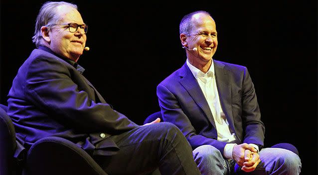 Mark Colvin, left, speaks with Peter Greste at the Festival of Dangerous Ideas in 2015. Photo: AAP