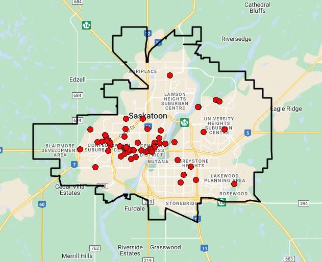 The dots represent assaults reported in the city over a single week.