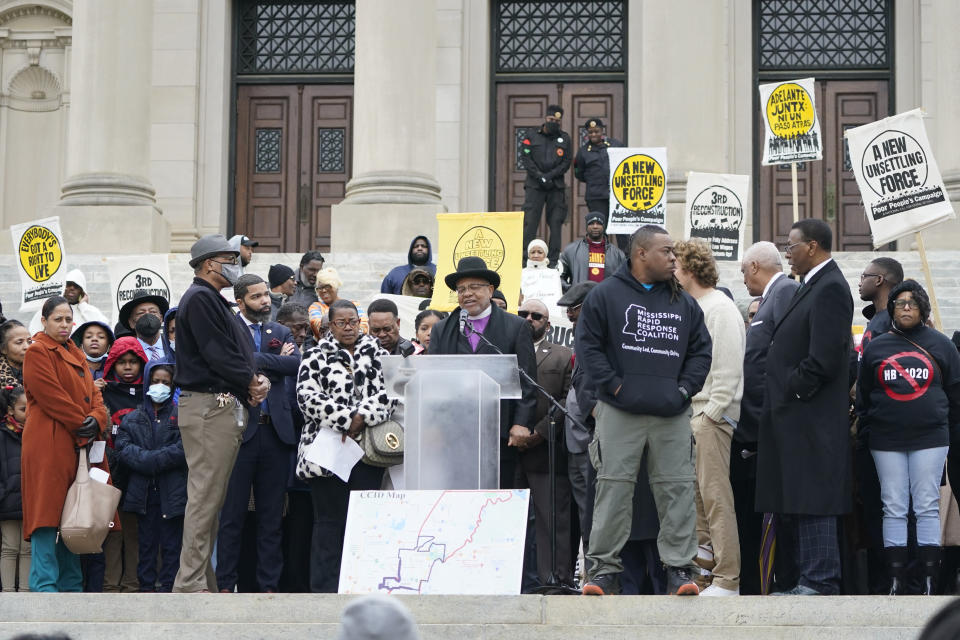 FILE - More than 200 people gather on the steps of the Mississippi Capitol on Jan. 31, 2023, to protest against a bill that would expand the patrol territory for the state-run Capitol Police within the majority-Black city of Jackson and create a new court with appointed rather than elected judges. (AP Photo/Rogelio V. Solis, File)