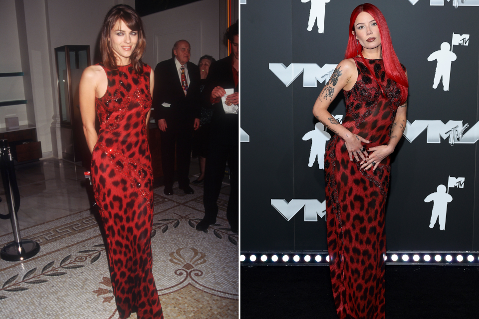 Elizabeth Hurley and Halsey wearing the same red gown.