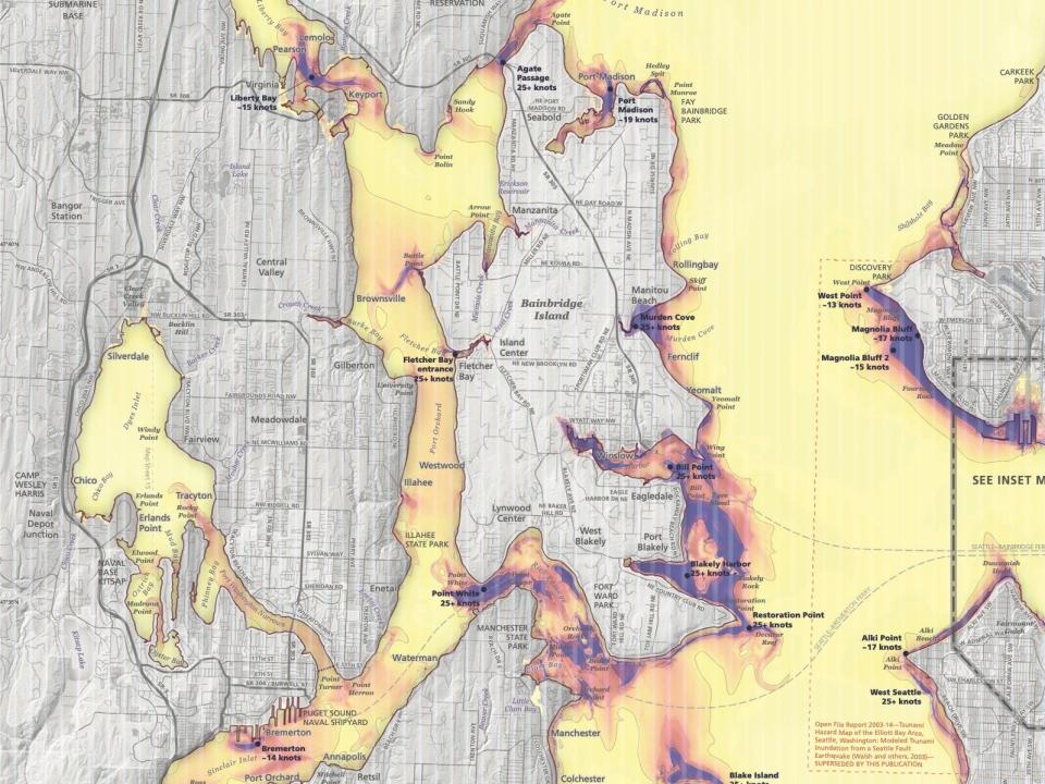 State Department of Natural Resources maps show what a tsunami from a Seattle Fault earthquake could mean for maximum current speeds around Bainbridge Island and Kitsap County.