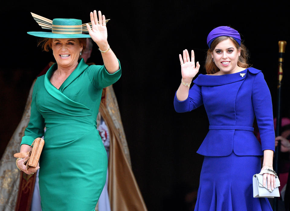 Sarah Ferguson, Duchess of York and Princess Beatrice attend the wedding of Princess Eugenie of York and Jack Brooksbank at St George's Chapel on October 12, 2018 in Windsor, England.