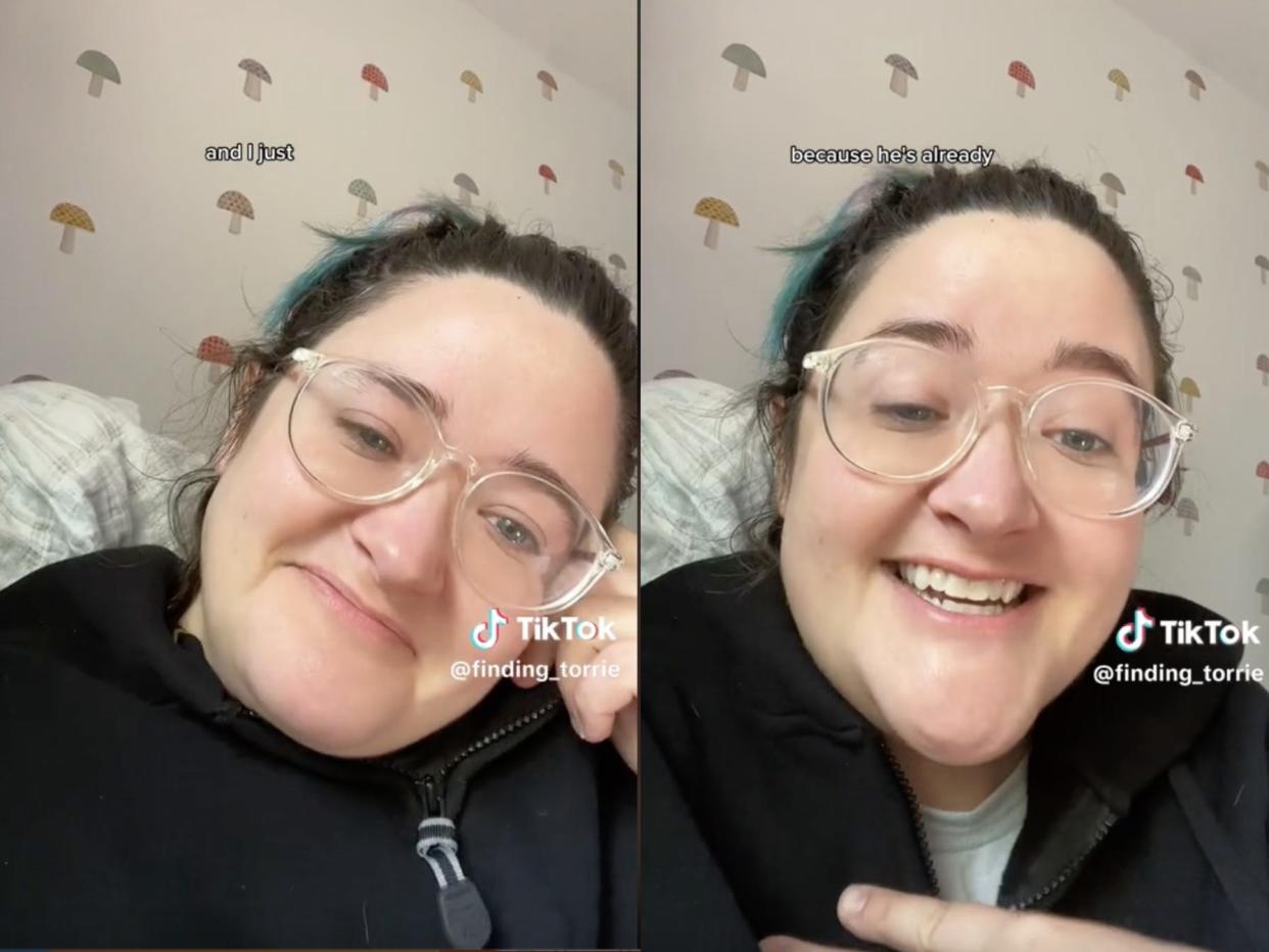 Two screenshots from @finding_torrie's TikTok where the creator is sitting on a bed and talking into the camera in a room with mushroom wallpaper.