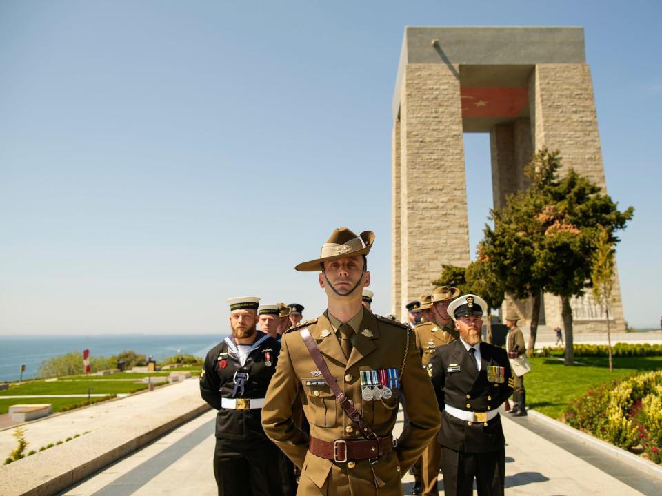 Australian soldiers march during the Anzac Day ceremony in Turkey.