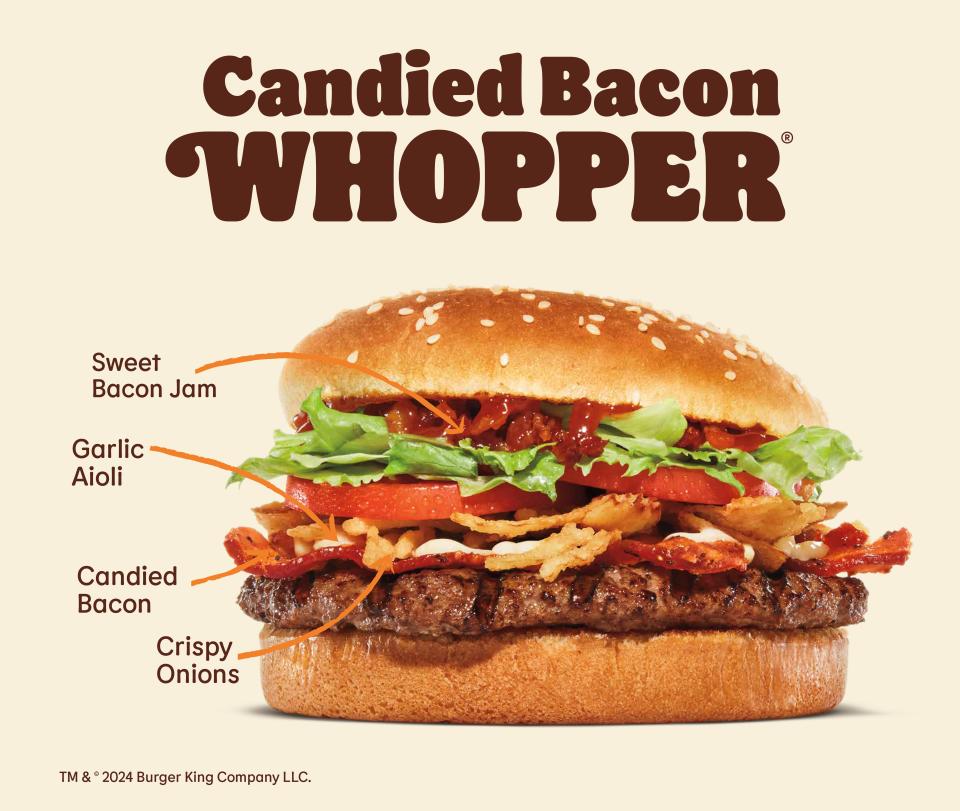 The new Candied Bacon Whopper starting at Burger King restaurants nationwide on Jan. 29, 2024, while supplies last.