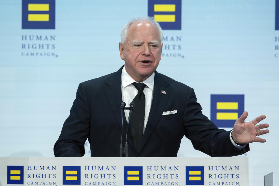 Democratic vice presidential candidate Minnesota Gov. Tim Walz speaks during the Human Rights Campaign (HRC) National Dinner at Walter E. Washington Convention Center in Washington, Saturday, Sept. 7, 2024. (AP Photo/Jose Luis Magana)