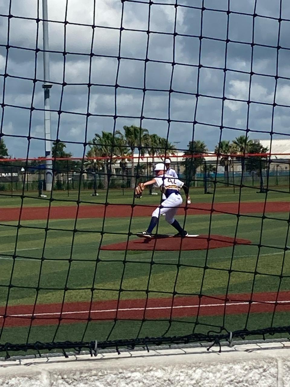 Kolton Perez delivers a pitch during action at the USSSA All American Games in XXXX Florida. Perez played for the Northeast Red team in the event which was held July 24-30.