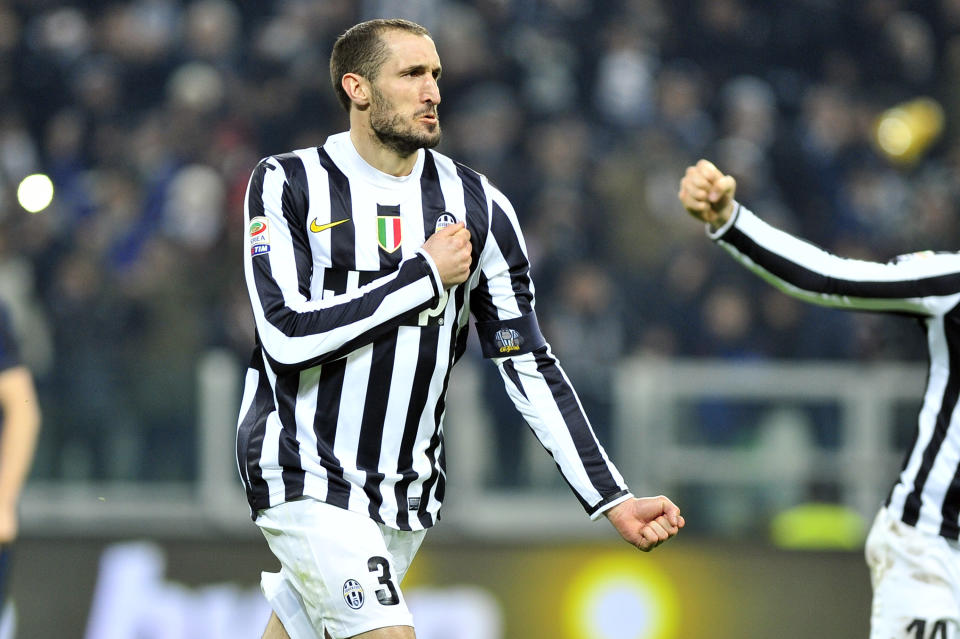 Juventus defender Giorgio Chiellini celebrates after scoring during a Serie A soccer match between Juventus and Inter Milan at the Juventus stadium, in Turin, Italy, Sunday, Feb. 2, 2014. (AP Photo/Massimo Pinca)