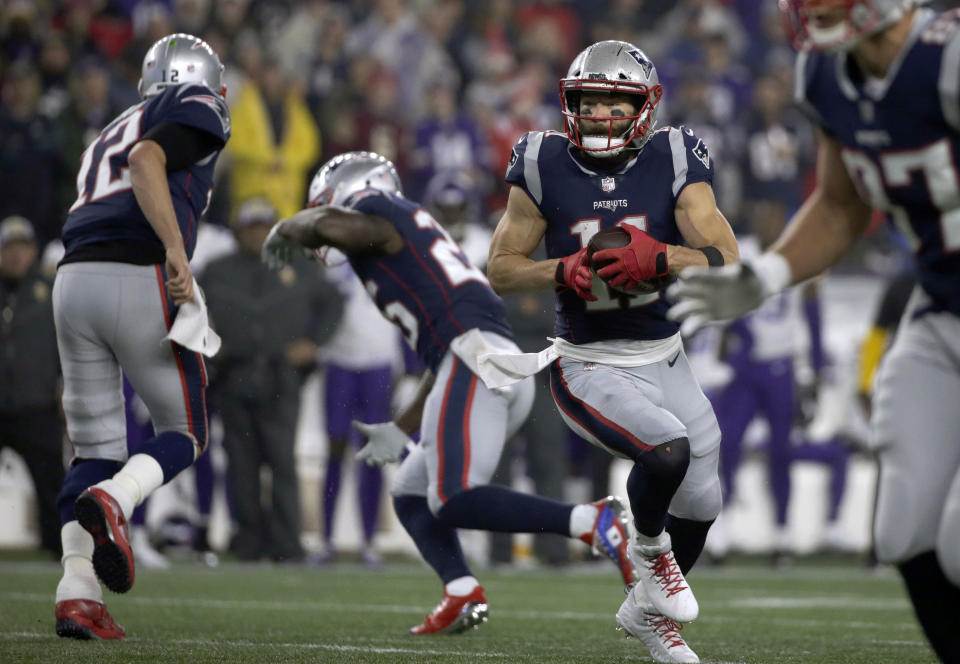 New England Patriots wide receiver Julian Edelman runs with the ball during the first half of an NFL football game against the Minnesota Vikings, Sunday, Dec. 2, 2018, in Foxborough, Mass. (AP Photo/Elise Amendola)