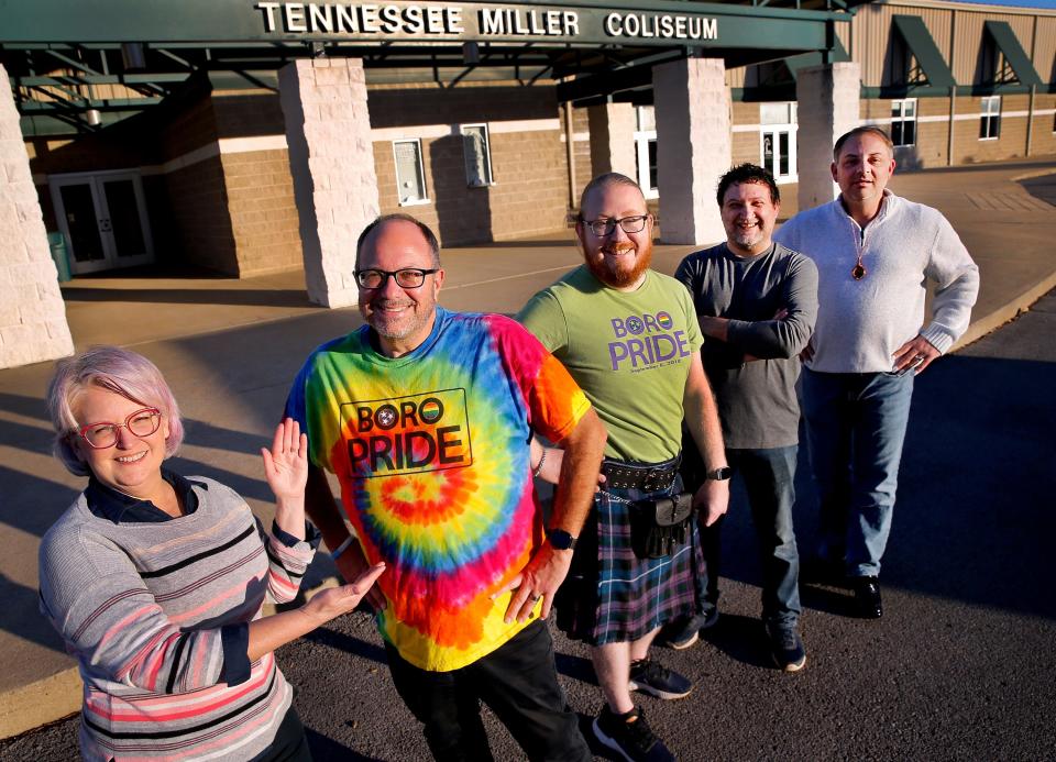 Some of the 2023 Boro Pride organizers, left to right Leslie Russell Yost, William Langston, Trent Jackson, Troy Yost and Norman Hanks, on Wednesday, Oct. 18, 2023, stand in front of the Tennessee Miller Coliseum, which will be the location of this year's Boro Pride event on Saturday, Oct. 28, 2023.