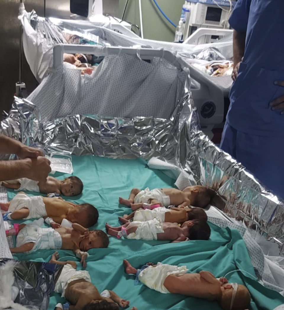 Premature babies at Gaza's Al-Shifa hospital are surrounded with aluminum foil for warmth after their incubators shut down due to a lack of electricity, Nov. 12 2023, in a photo provided by the charity Medical Aid for Palestinians. / Credit: Medical Aid for Palestinians