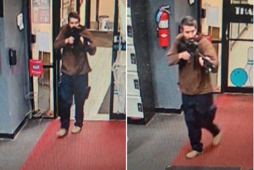 Law enforcement in Androscoggin County released an image of the suspect seen carrying a high-powered assault-style rifle. Photo courtesy of Androscoggin County Sheriff's Office.