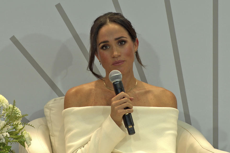 Meghan Markle, Duchess of Sussex, speaks during an Archewell Foundation panel discussion in New York City on Tuesday, October 10, 2023, about how social media can harm young people. (AP Photo/Ted Shaffrey)