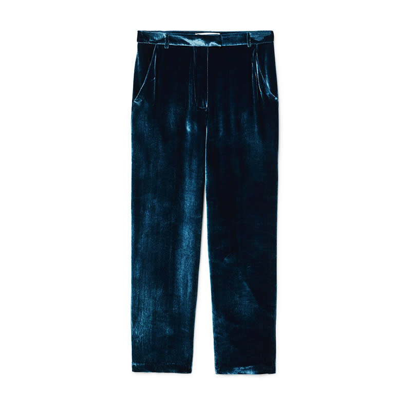 <a rel="nofollow noopener" href="http://rstyle.me/n/ctuci4chdw" target="_blank" data-ylk="slk:Velvet Pleated Trousers, Mango, $100;elm:context_link;itc:0;sec:content-canvas" class="link ">Velvet Pleated Trousers, Mango, $100</a>