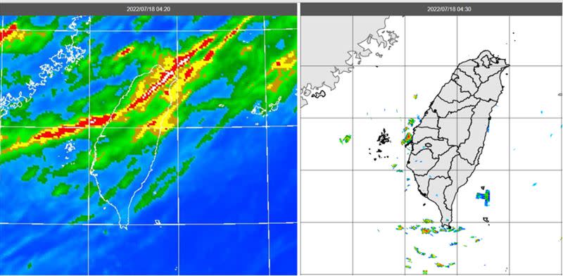 今晨4:20紅外線色調強化雲圖顯示，台灣上空有高雲、雲層稀疏(左圖)。4:30雷達回波合成圖顯示，西部沿海有零星降水回波(右圖)。