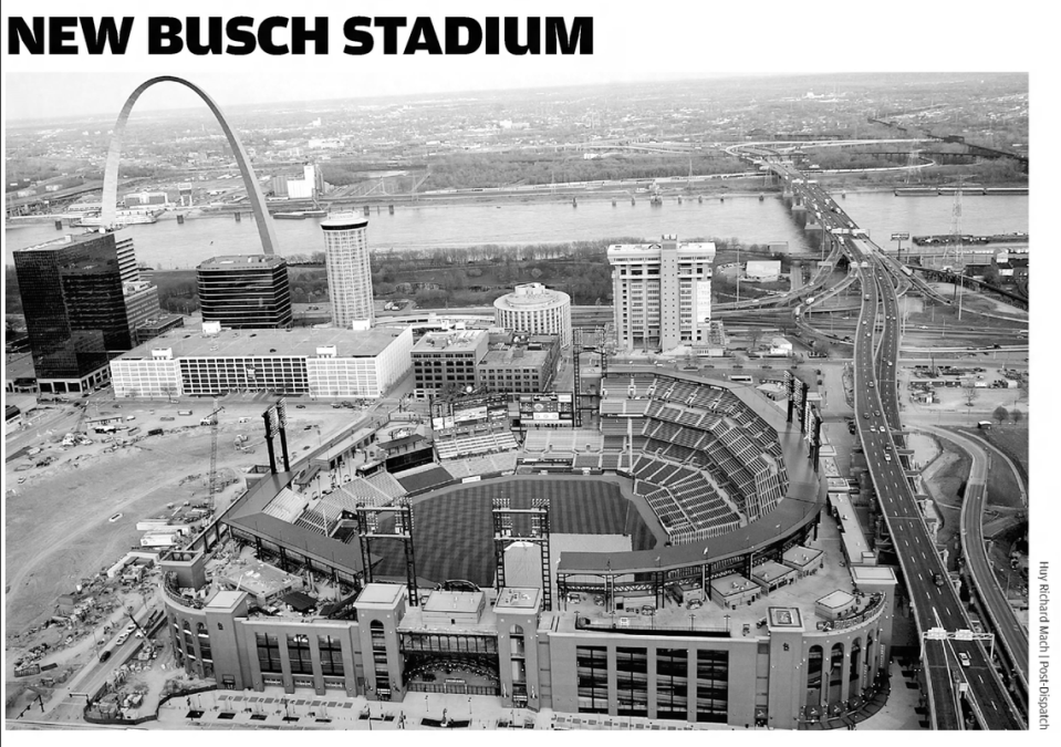 A St. Louis Post-Dispatch newspaper clipping shows an aerial view of the newly constructed Busch Stadium, home of the Cardinals baseball team. April 11, 2006.