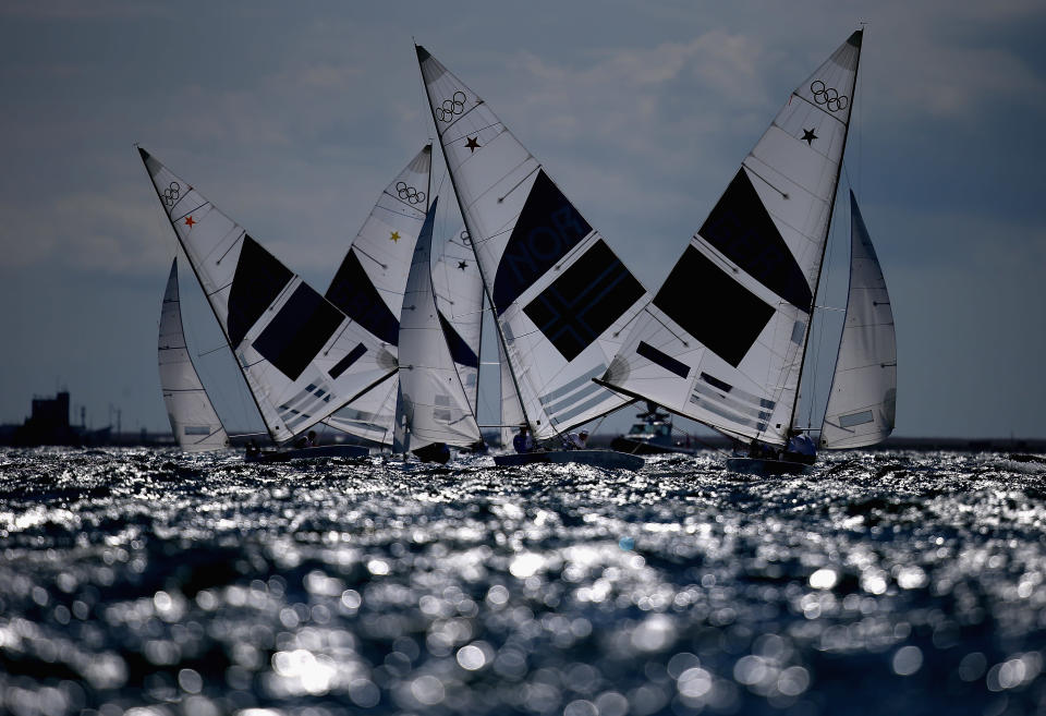 WEYMOUTH, ENGLAND - JULY 29: Robert Stanjek and Frithjof Kleen in action during the first Star Class race of the London 2012 Olympic Games at the Weymouth & Portland Venue at Weymouth Harbour on July 29, 2012 in Weymouth, England. (Photo by Clive Mason/Getty Images)