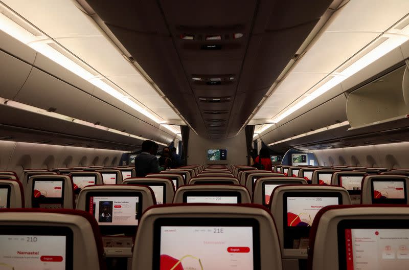 FILE PHOTO: A general view of the interiors of the Air India Airbus A350 aeroplane, displayed at Wings India 2024 aviation event at Begumpet airport, Hyderabad