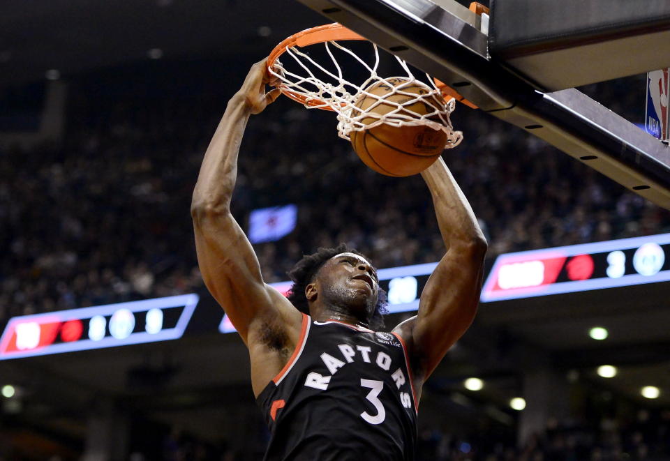 Toronto Raptors forward OG Anunoby dunks against the Washington Wizards during the first half of an NBA basketball game Friday, Dec. 20, 2019, in Toronto. (Frank Gunn/The Canadian Press via AP)