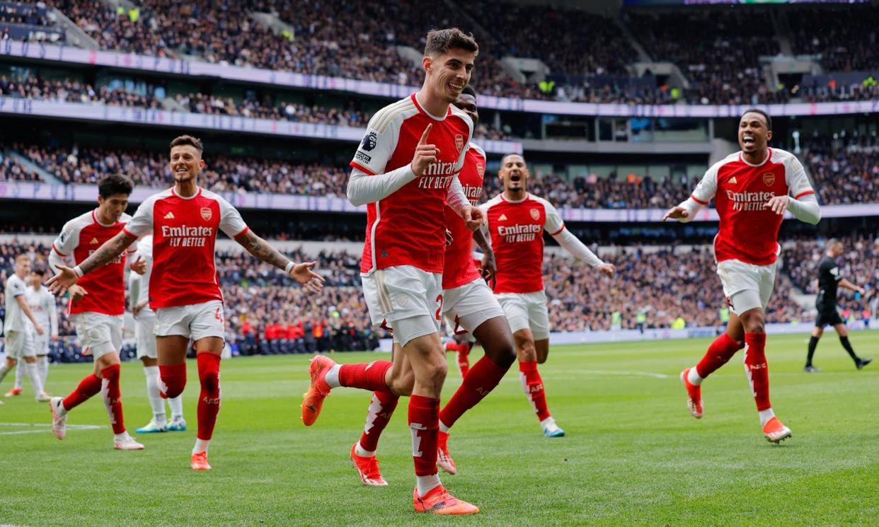 <span>Kai Havertz celebrates scoring Arsenal’s third goal against Tottenham during the first half.</span><span>Photograph: Tom Jenkins/The Guardian</span>