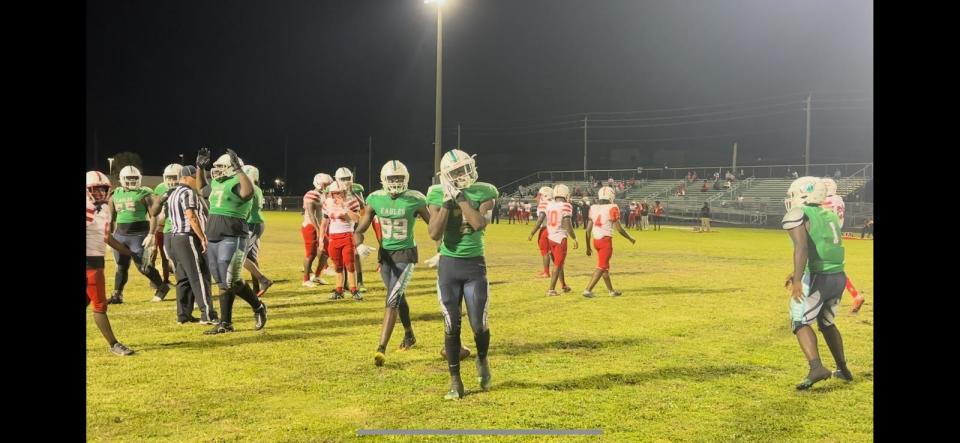 The Atlantic Eagles during a first-round high school football playoff matchup against Plantation on Nov. 14, 2022 in Delray Beach.
