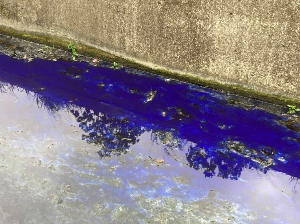 新竹市環保局十七日上午派員至建功一路旁之排水溝顏稽查時，發現水溝呈現藍色，隨即進入某紙箱工廠查獲汙染事證，現場令限期改善。(圖由新竹市環保局提供)