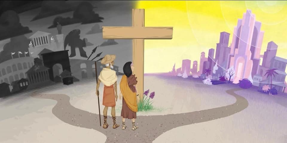 A screenshots of an animated class video that appears to show a forked road with Christianity and God on one side represented by light and color, and a dark, shadowy path on the other.