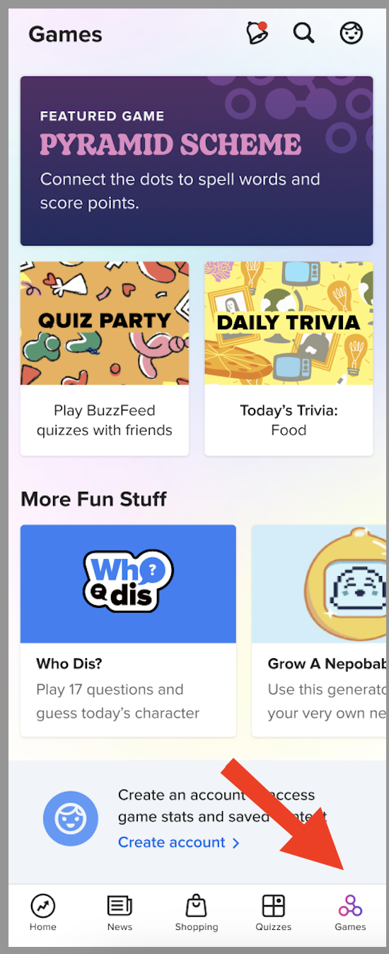 BuzzFeed iOS app, on the "Games" screen.