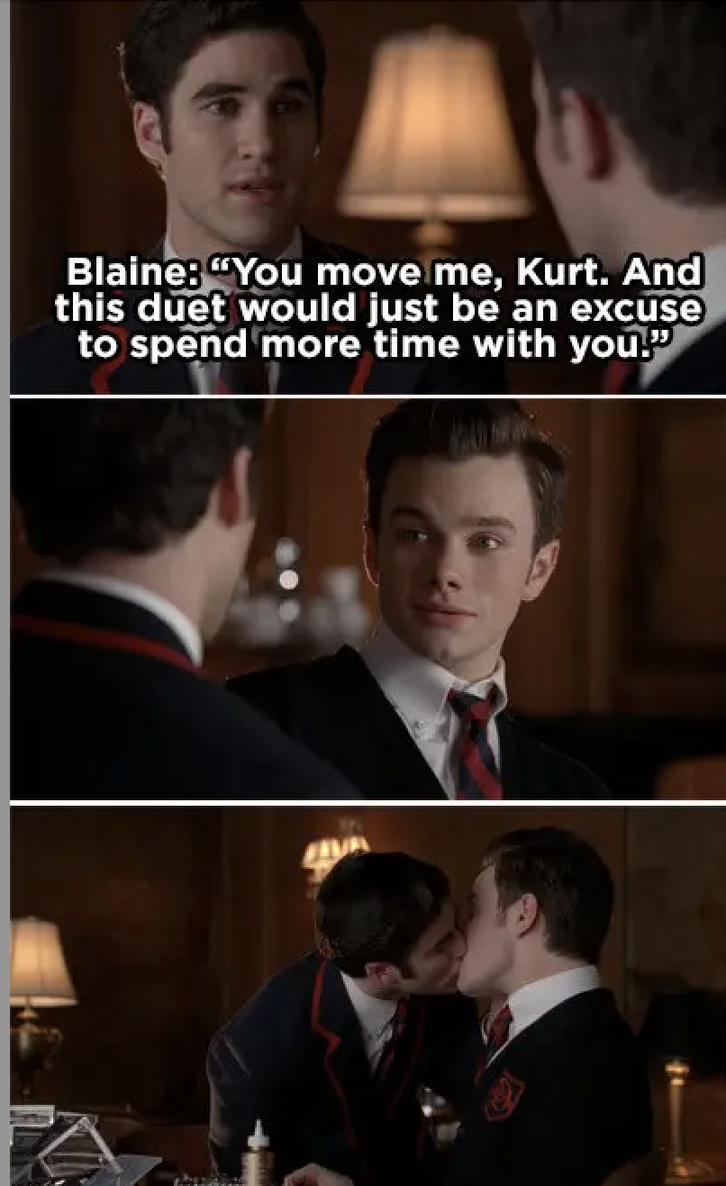 Blaine tells Kurt that the duet would just be an excuse to spend more time with him, and then they kiss