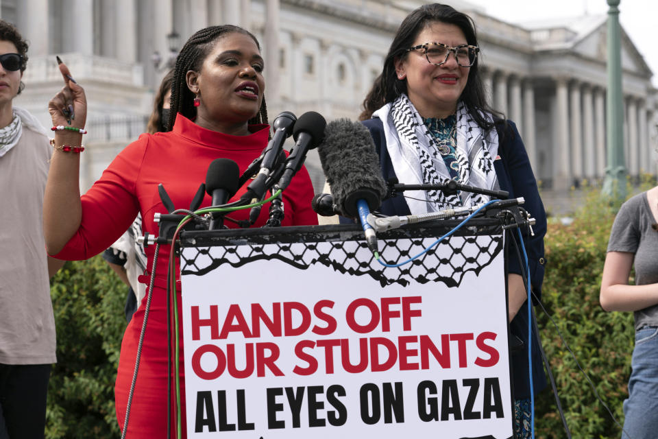Rep. Cori Bush, D-Mo., and Rep. Rashida Tlaib, D-Mich., accompanied by George Washington University students speaks during a news conference at the U.S. Capitol, Wednesday, May 8, 2024, in Washington, after police cleared a pro-Palestinian tent encampment at George Washington University early Wednesday and arrested demonstrators. (AP Photo/Jose Luis Magana)