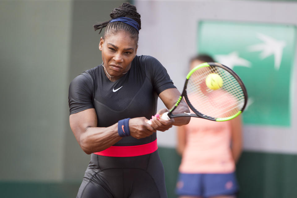 Serena Williams in her ‘Black Panther-inspired’ body compression suit at the French Open. [Photo: Getty]