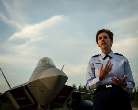 General Lori Robinson, Pacific Air Forces commander, addresses U.S. and Singapore Airmen in front of an F-22A Raptor during the Singapore International Airshow, at Changi International Airport, Singapore, in this file photo taken February 17, 2016. Robinson has been selected as the next head of the U.S. military's Northern Command, which would make her the first woman to head a U.S. combatant command, U.S. Defense Secretary Ash Carter said on Friday. REUTERS/U.S. Air Force/Capt. Raymond Geoffroy/Handout via Reuters